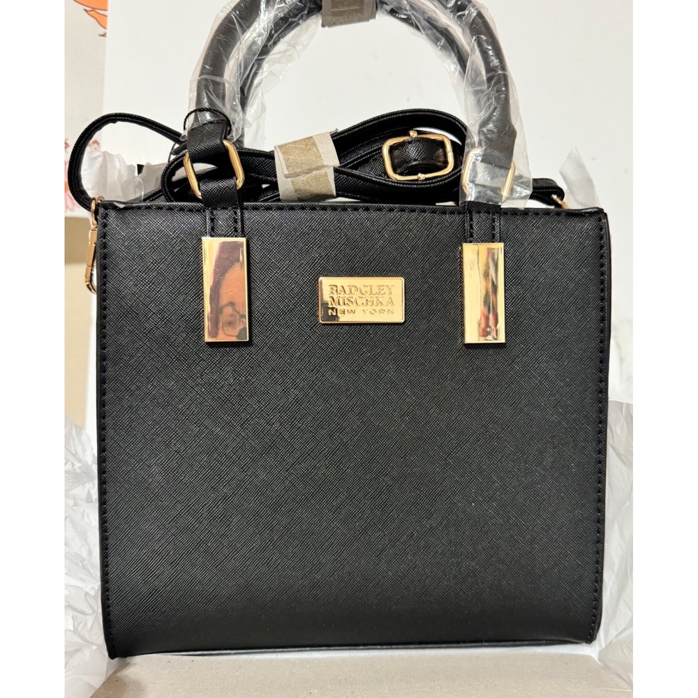 Badgley Mischka Black Saffiano Mini Tote Crossbody Bag Gold Hardware TG32034 NEW